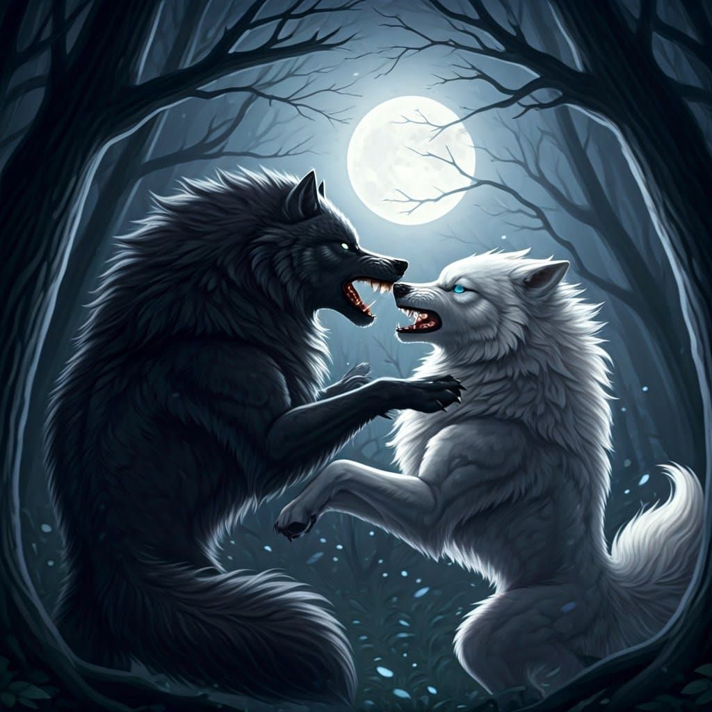 Moonlit Forest Duel in Impressive Wolf Form
