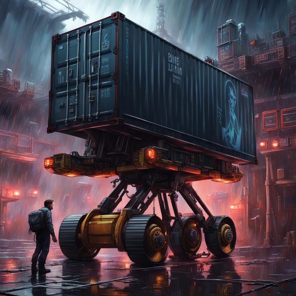 Sci-Fi Power Lifter in Dystopian Cityscape