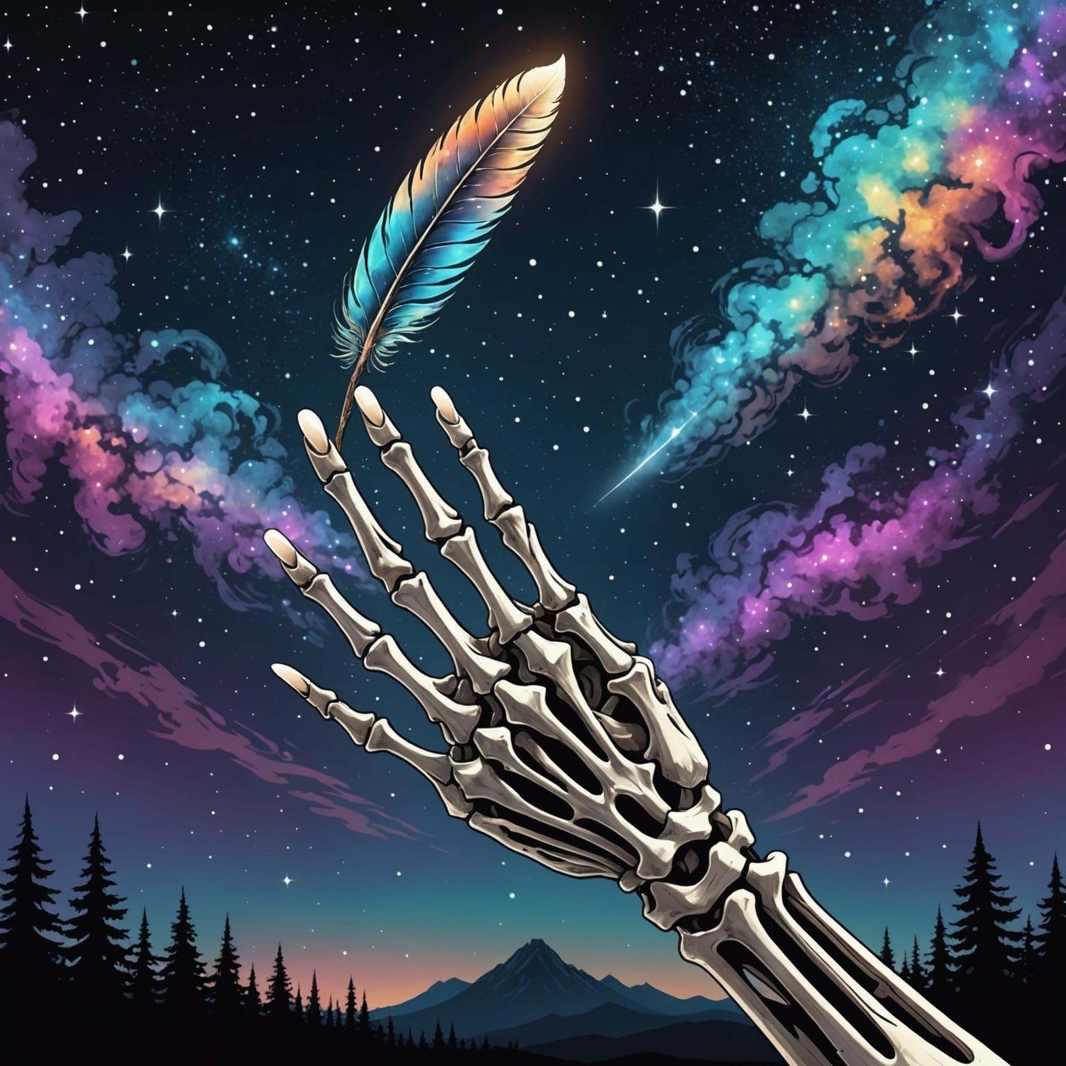 Ethereal Skeleton Hand Holding Glowing Feather
