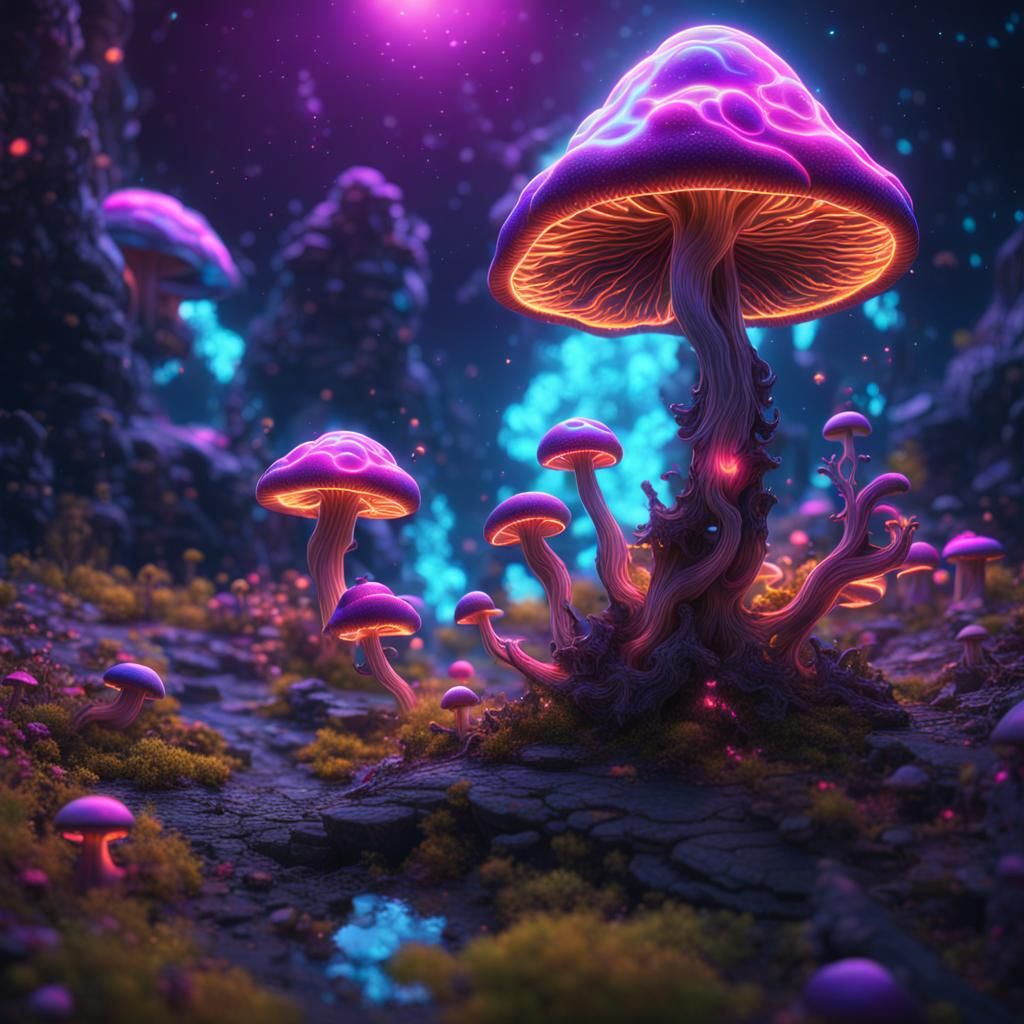 Neon Magic Mushrooms Spell Euphoria in Psychedelic Art