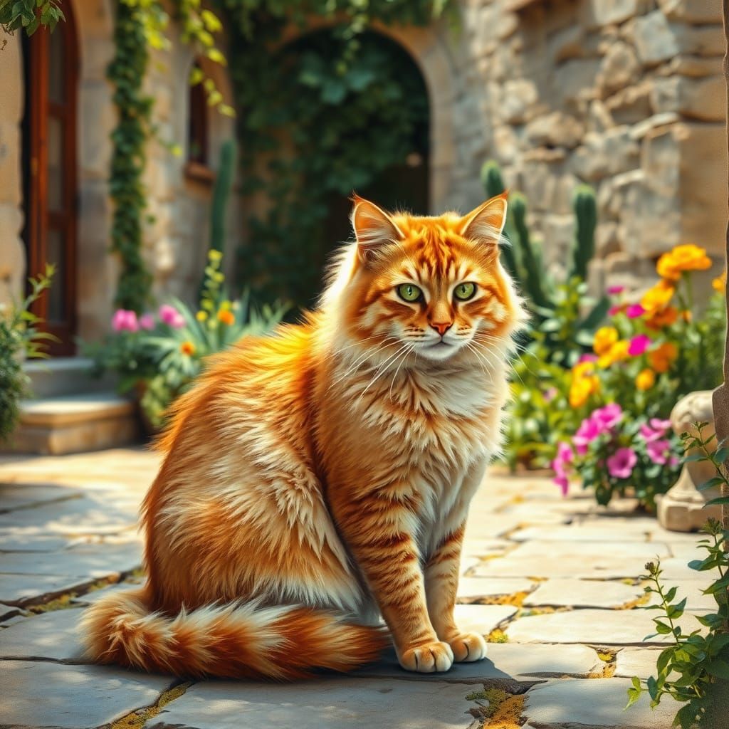 Regal Golden Cat in Sunlit Stone Courtyard