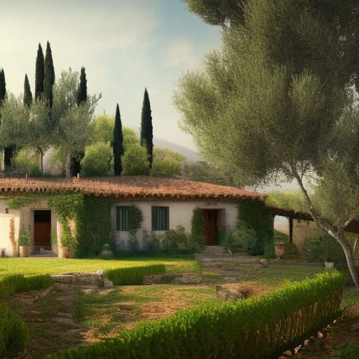 Tuscan Farmhouse Surrounded by Garden, Digital Matte Paintin...