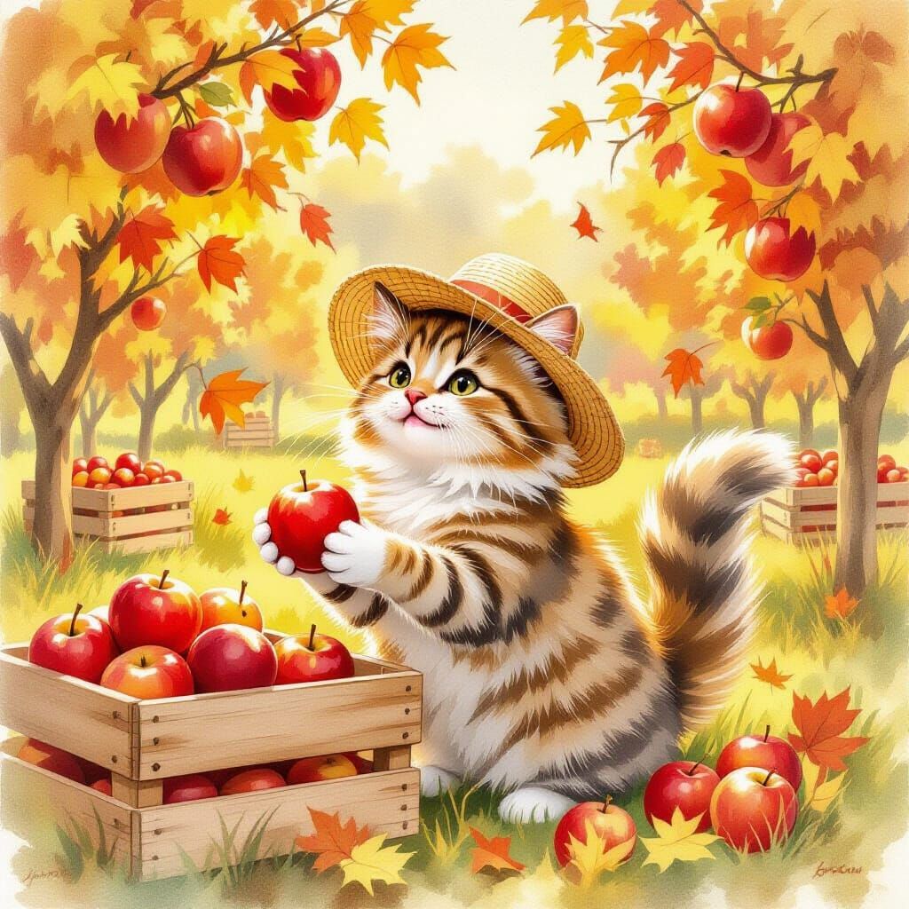 Fluffy Cat Picks Apples in Autumn Orchard