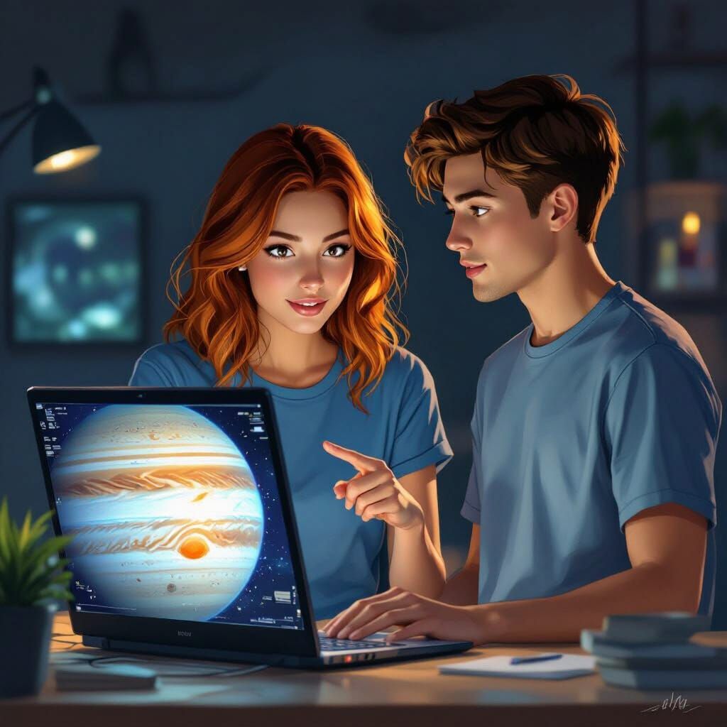 Woman Points to Jupiter on Laptop Screen with Companion