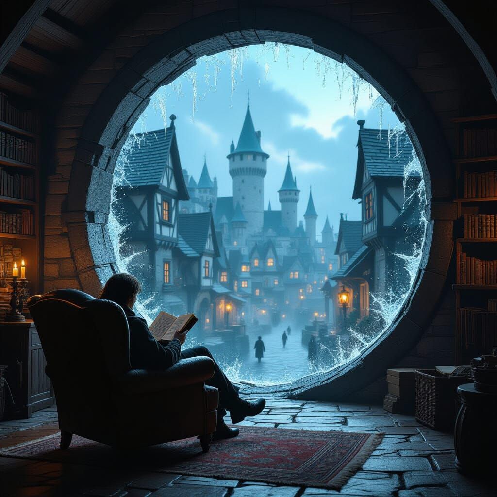 Figure Reads by Portal to Medieval Town