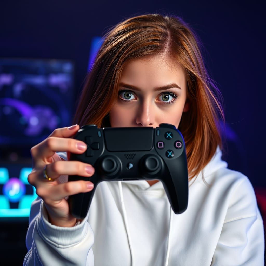 Woman Holding PS5 Controller in Photorealistic Style