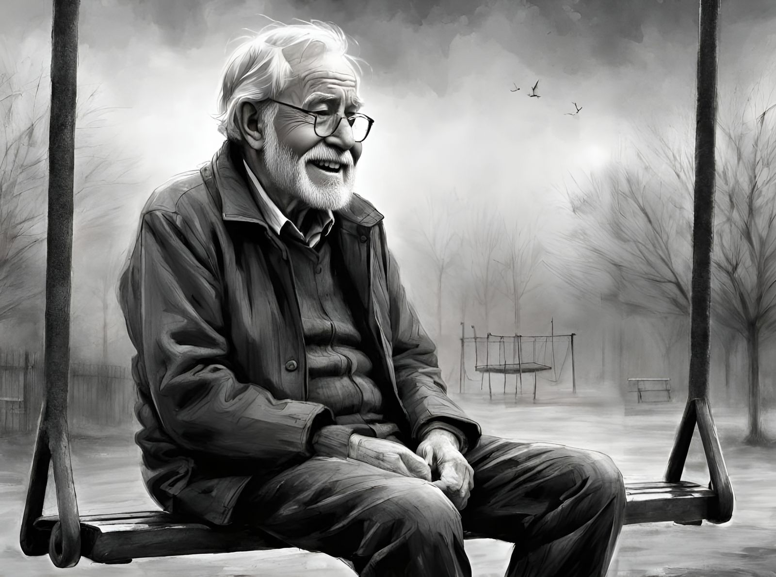 A sad yet contented old man reflecting on the joys of his past whilst swinging on an old abandoned playground swing
