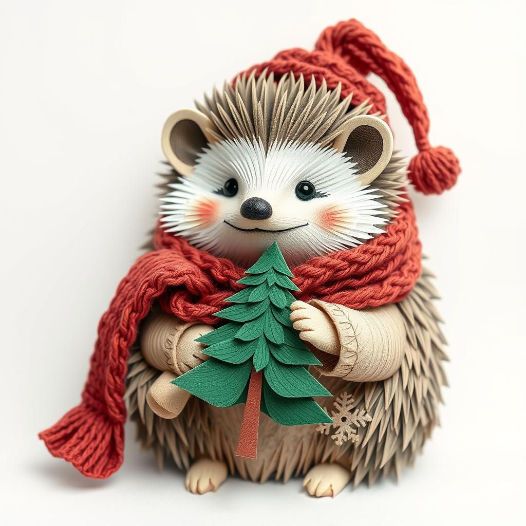 Festive Hedgehog with Christmas Tree in Origami Style