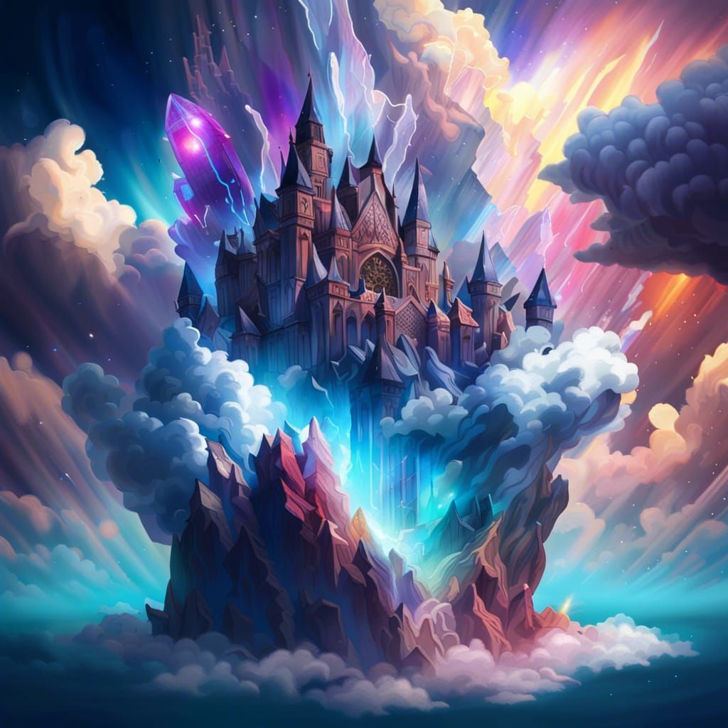 Crystal Cloud Castle in Magical Storm: Hyperrealistic Concep...