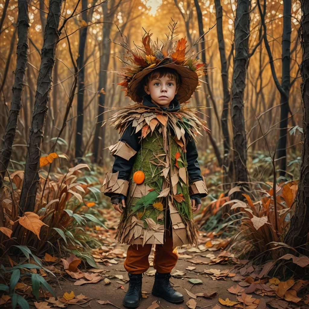 Child in Grass Costume: Surrealist Oil Painting