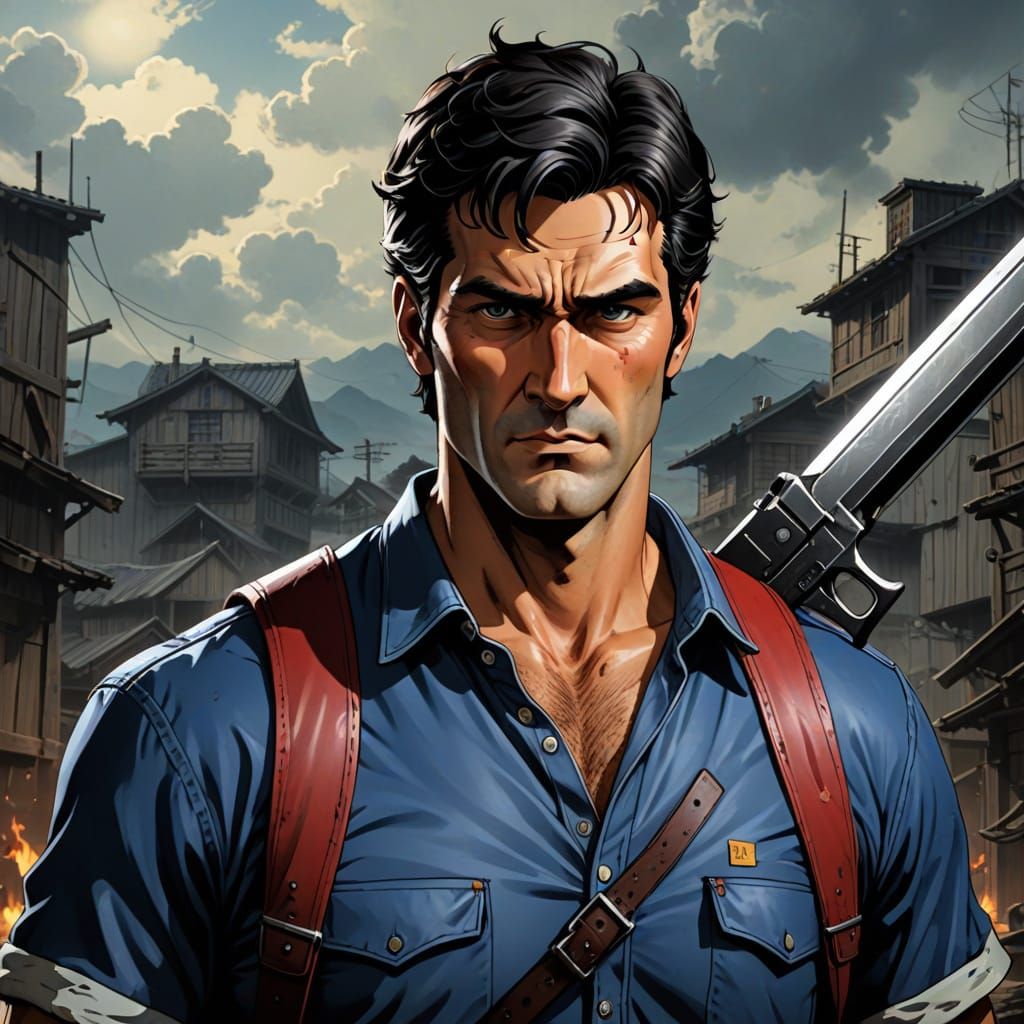 Anime Key Visual of Ash Williams in Japanese Manga Style