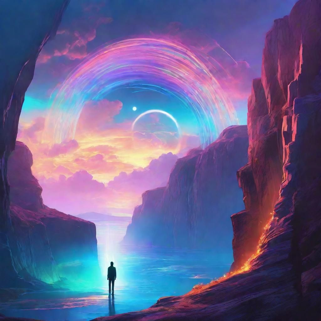 Ethereal Portal Envelops Figure in Dream Landscape