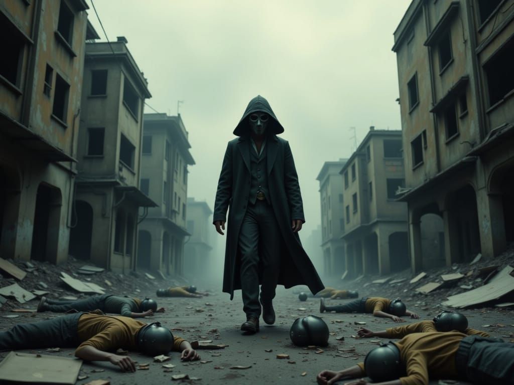 Dystopian Plague Doctor Wanders a Desolate Cityscape in a Cy...