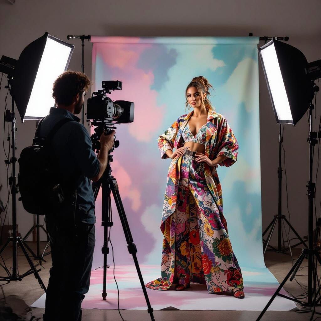 Cameraman Photographing Model in Studio, Vibrant Art