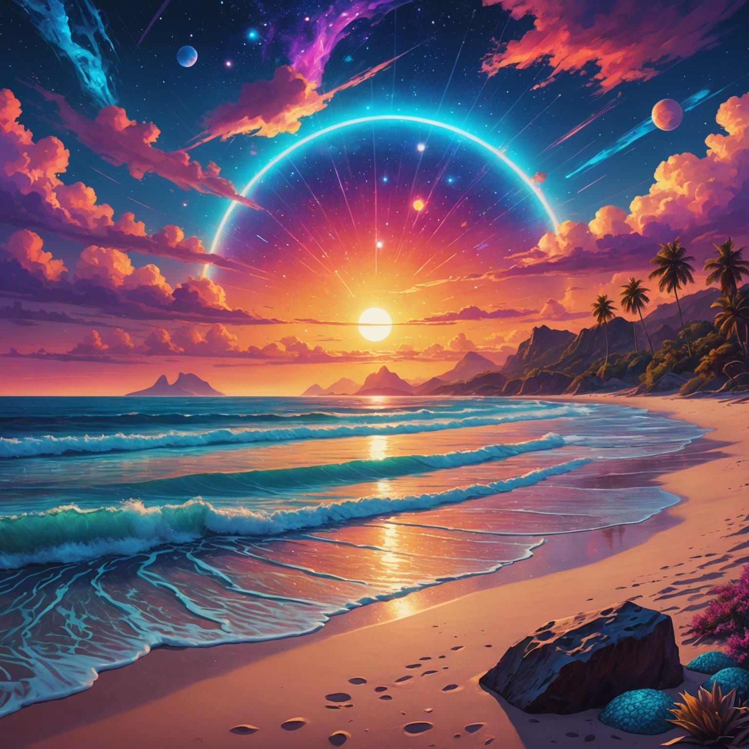 Holographic Beach Sunset by Pablo Amaringo, 8k