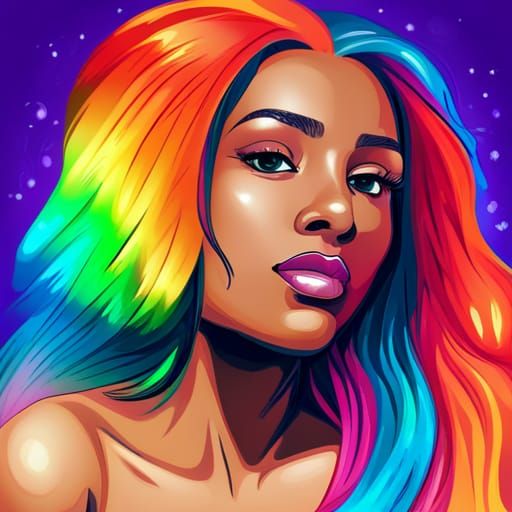 Glowing Rainbow Hair on Black Girl Portrait