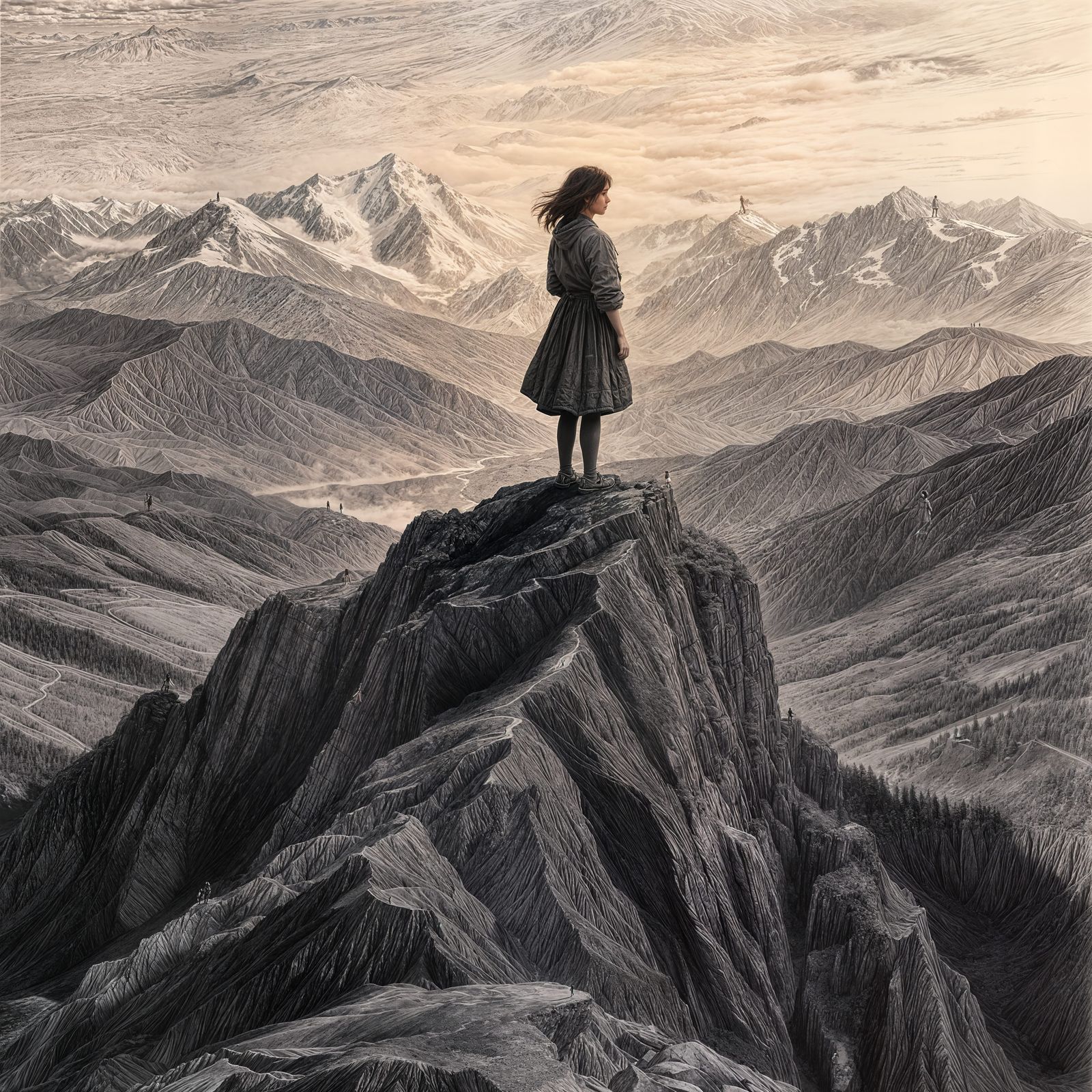 Girl on Mountain Peak at Golden Hour, Charcoal Drawing Style