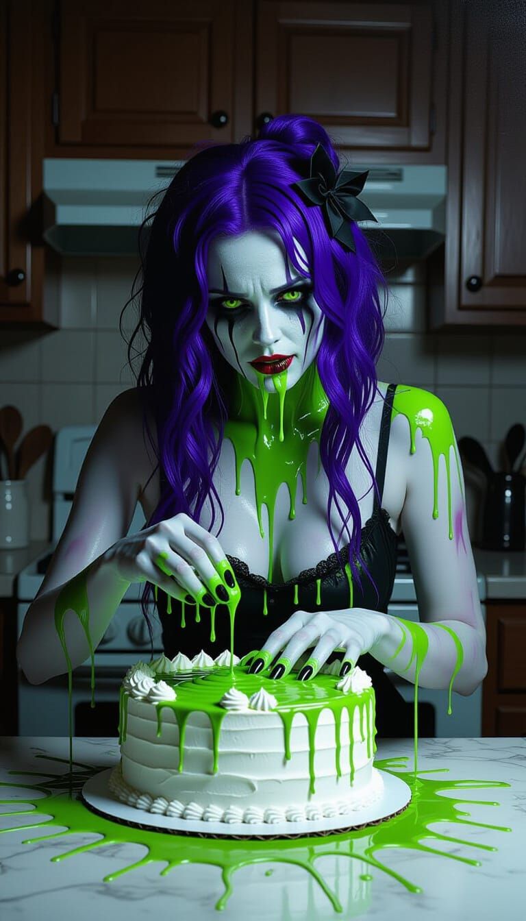 Ghostly Woman Melts Toxic Cake in Surreal Kitchen