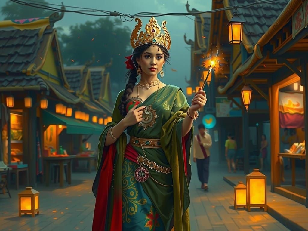 Cambodian Sorceress in Village at Twilight: Oil Painting