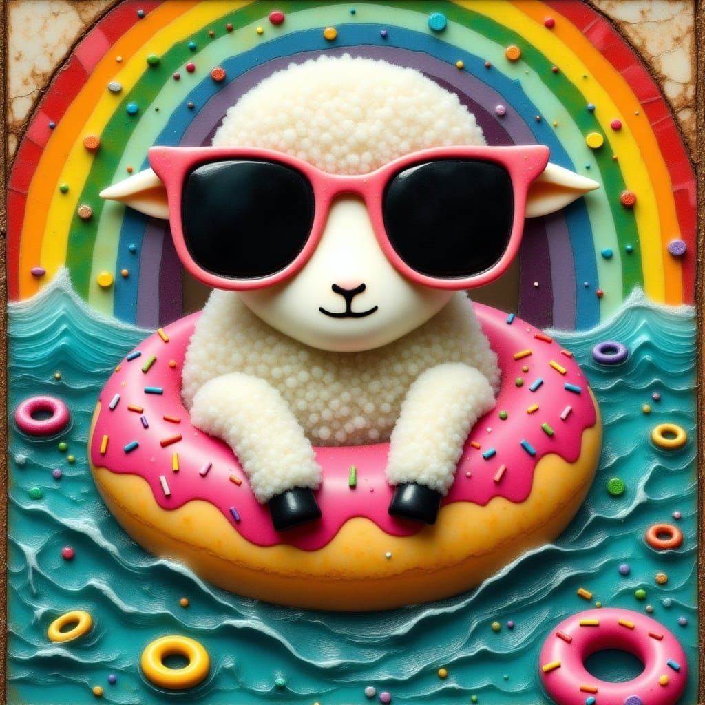 Sheep in Sunglasses on Rainbow Float