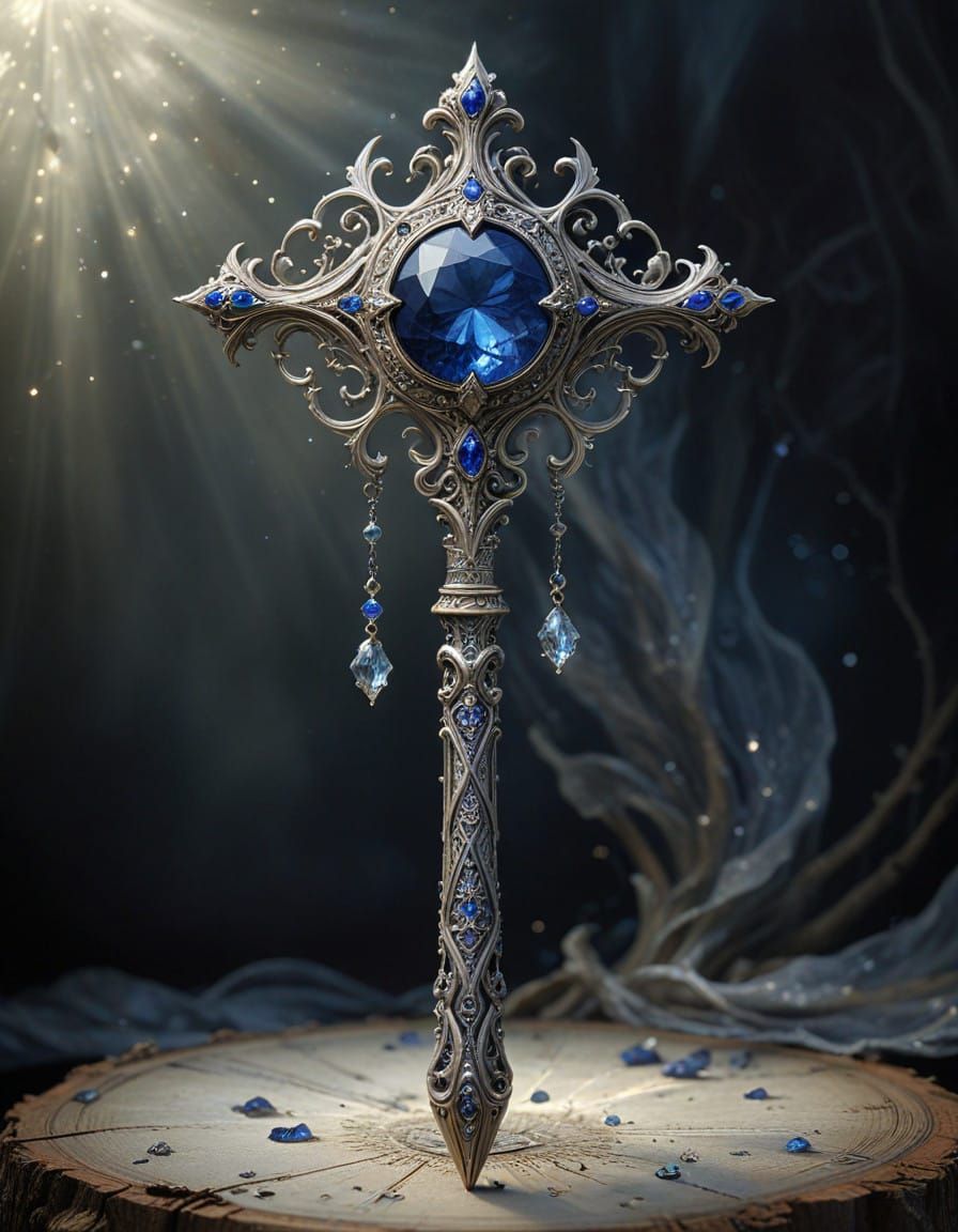 Mystical Ancient Scepter with Sapphire Jewels in Whimsical A...