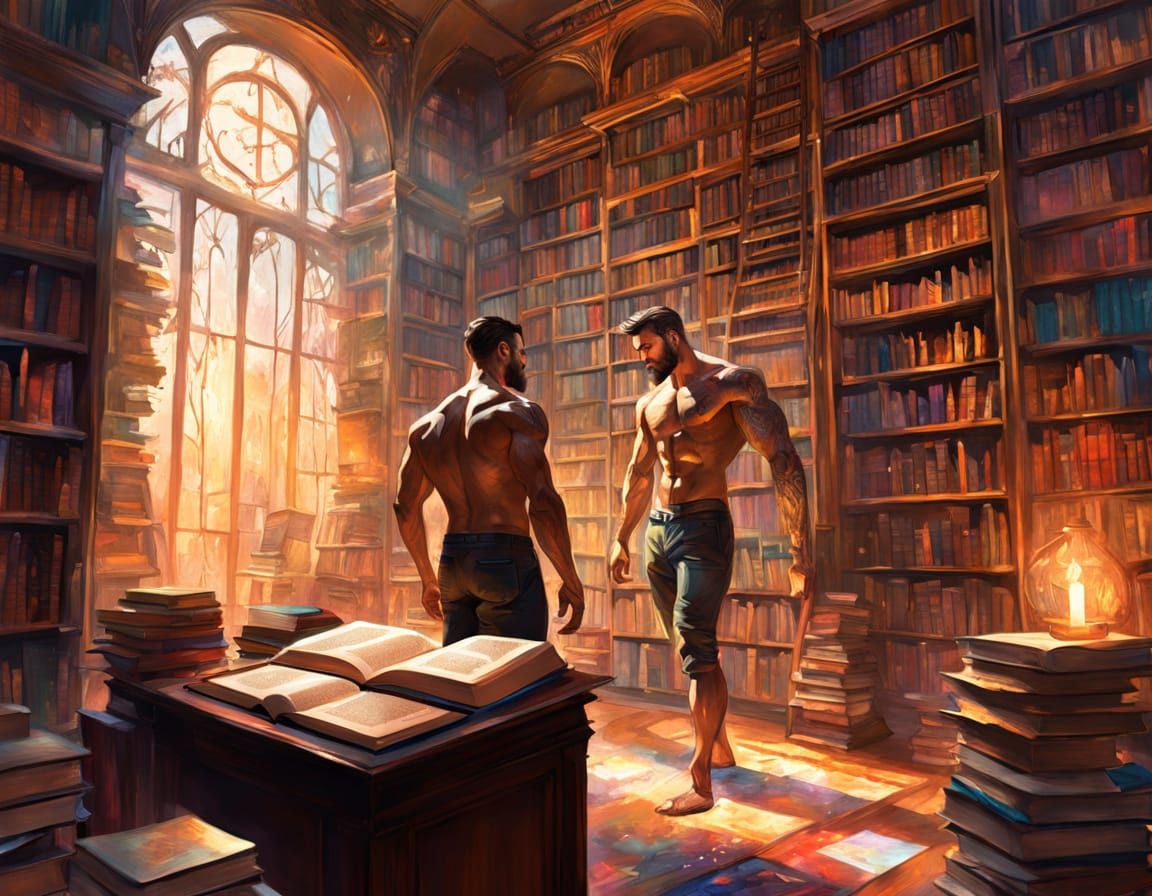 Handsome Man Absorbs Wisdom in Book-Filled Room