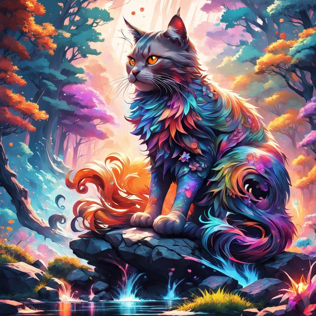 Elegant Cat in Vibrant Woodland Scene