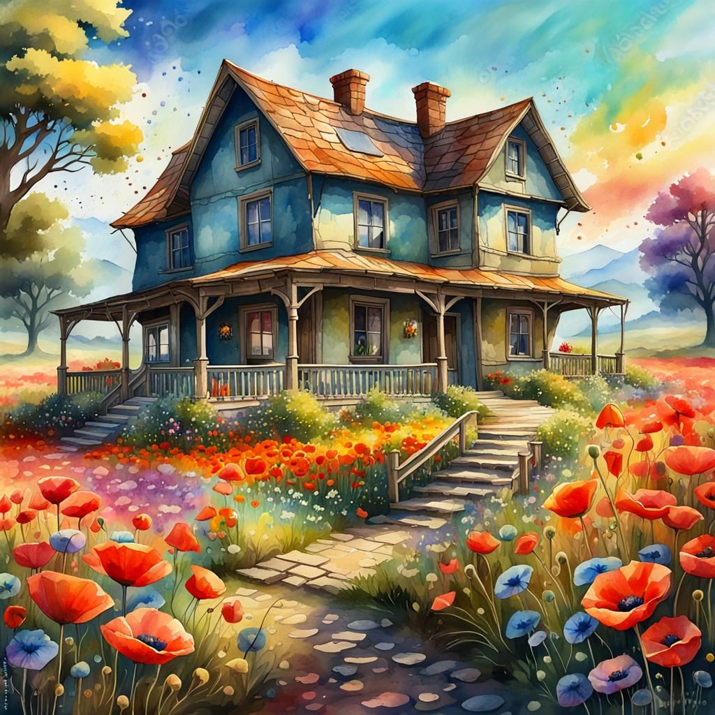 Colorful Watercolor of Old House in Poppy Meadow