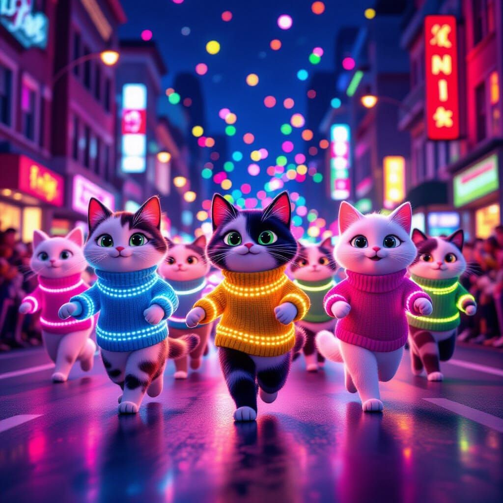 Whimsical Cat Parade in Neon Sweaters
