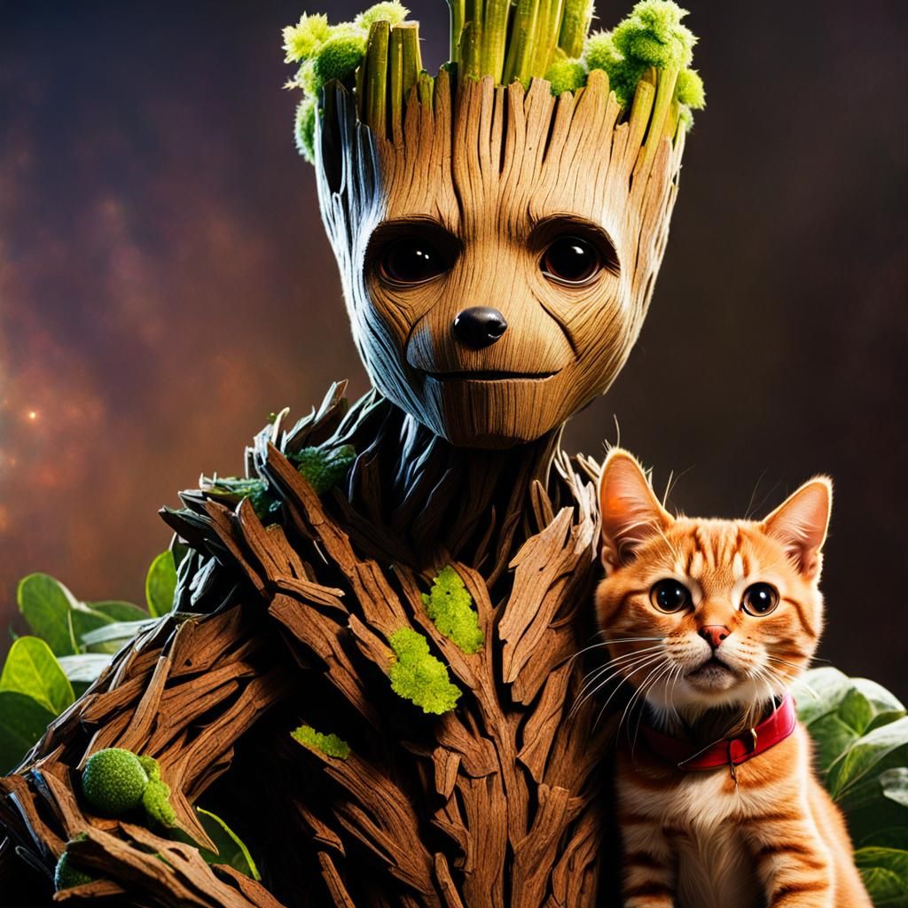 Groot, Dog, and Cat Fantasy Image