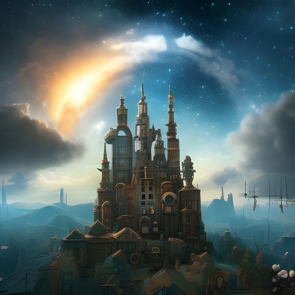 Starry Sky Above Junk City in Steampunk Style