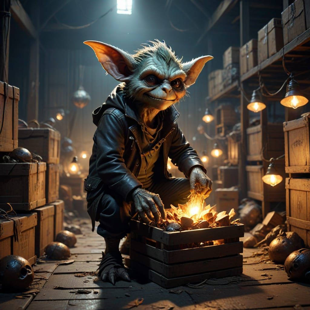 Mystical Gremlin Thief in a Dimly Lit Warehouse
