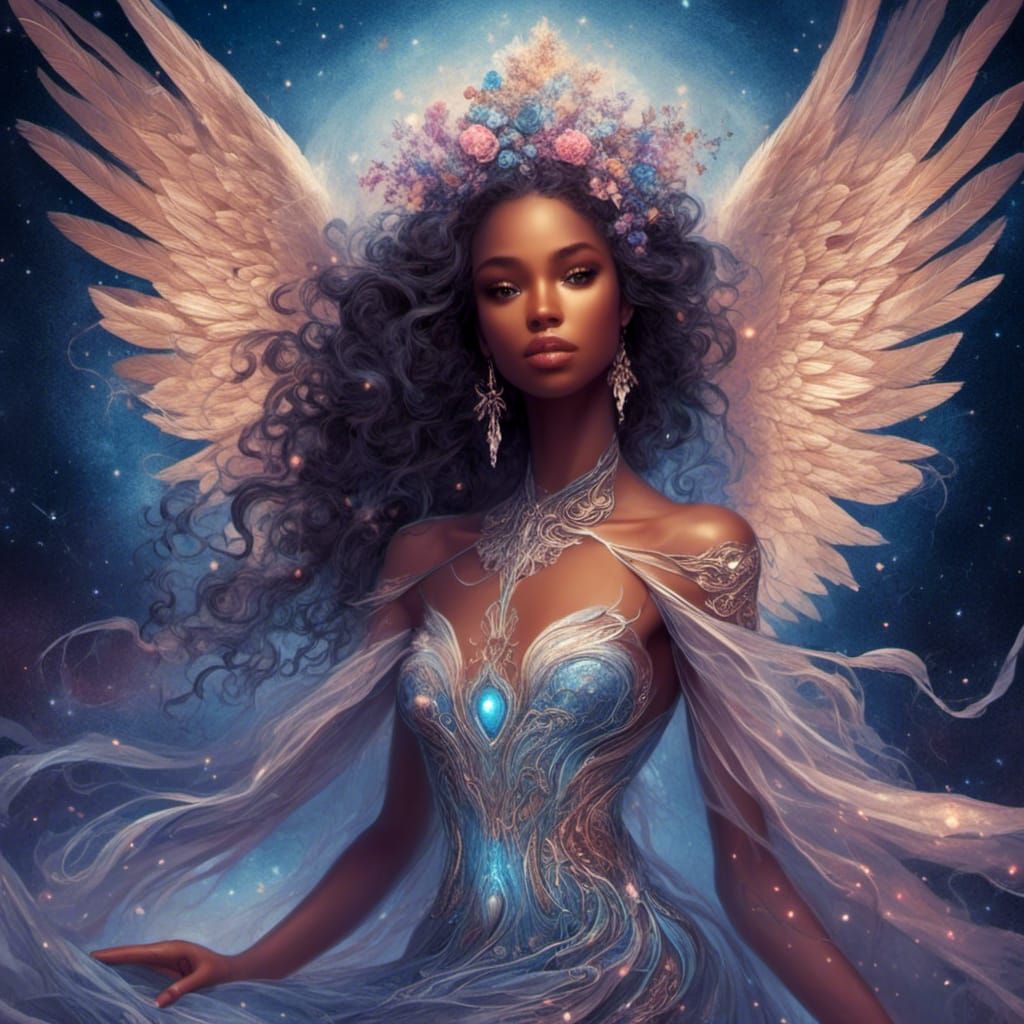 Celestial Angel with Galaxy Wings and Nebula Gown