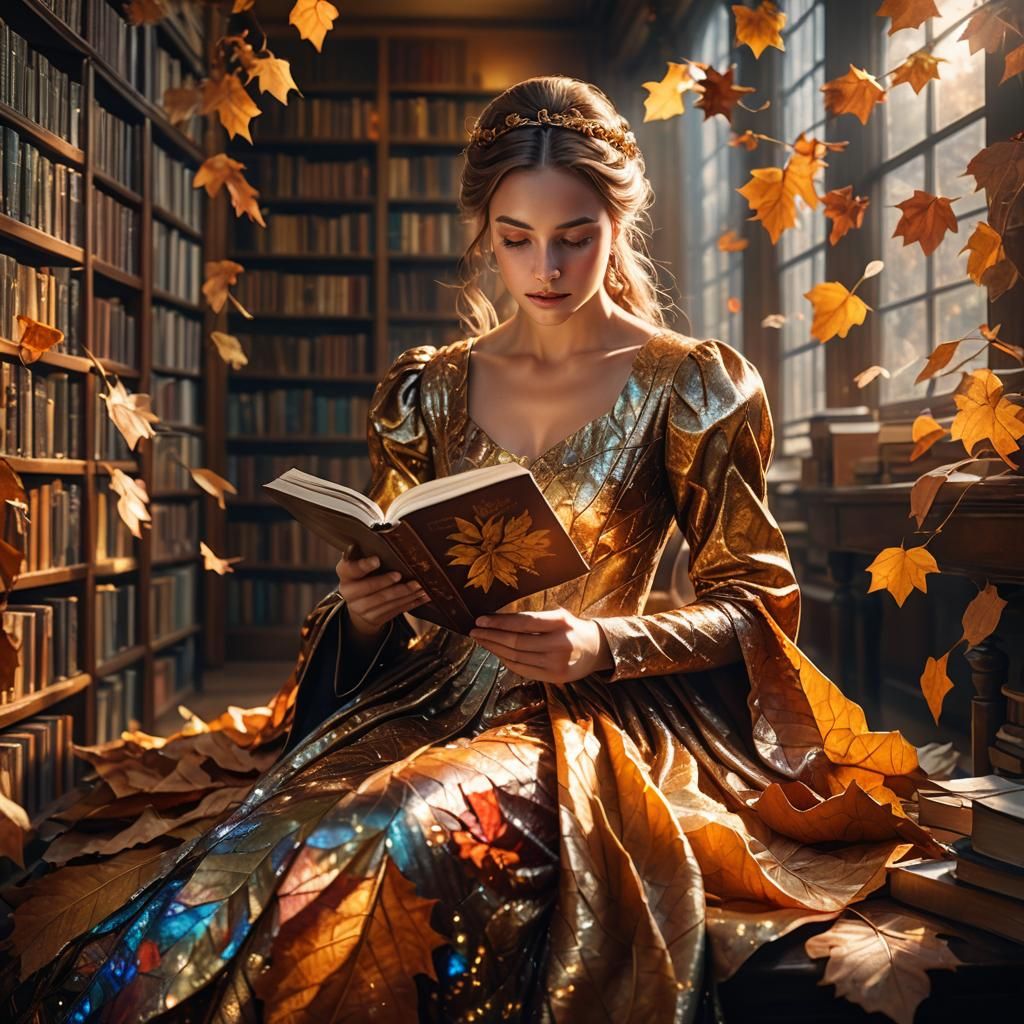 Mysterious Lady Reading in Autumn Library, Hyperrealistic Ar...