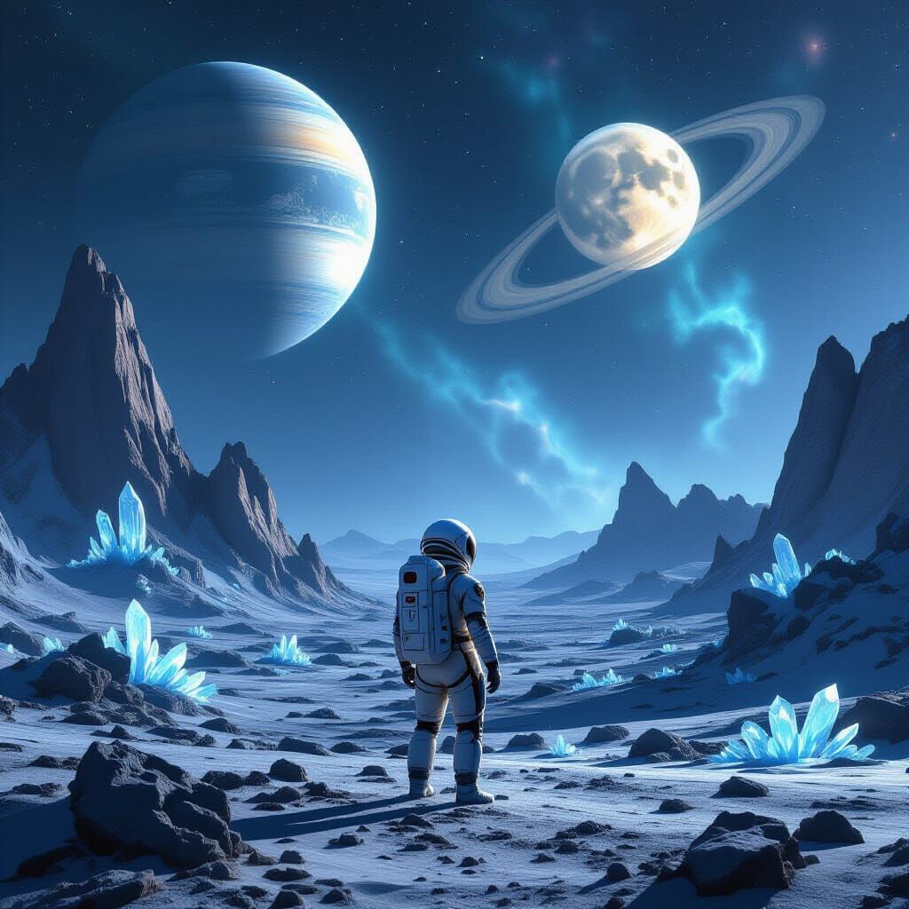 Astronaut Gazes at Alien Sky with Twin Moons