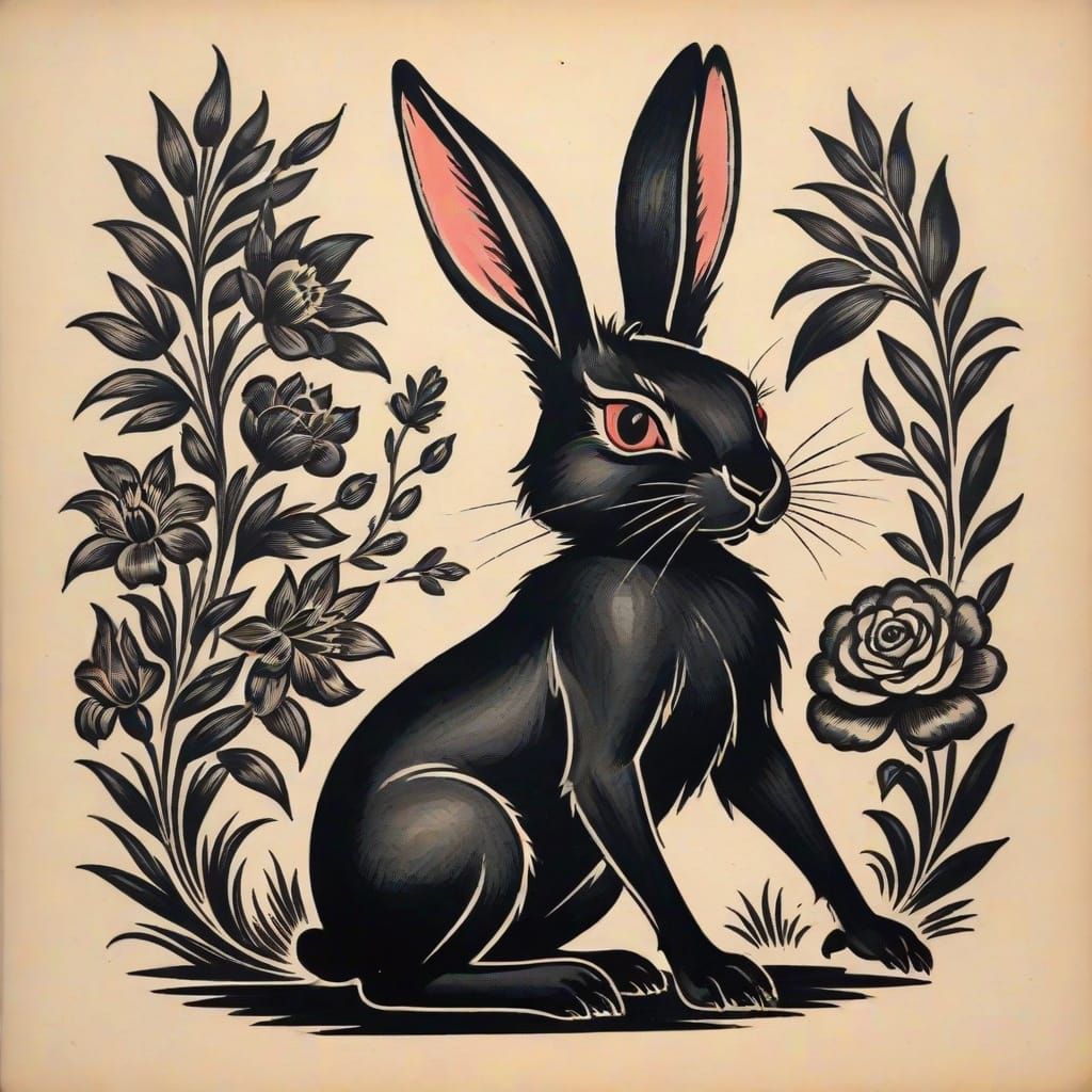 Rabbit Tattoo Design in Woodcut Style