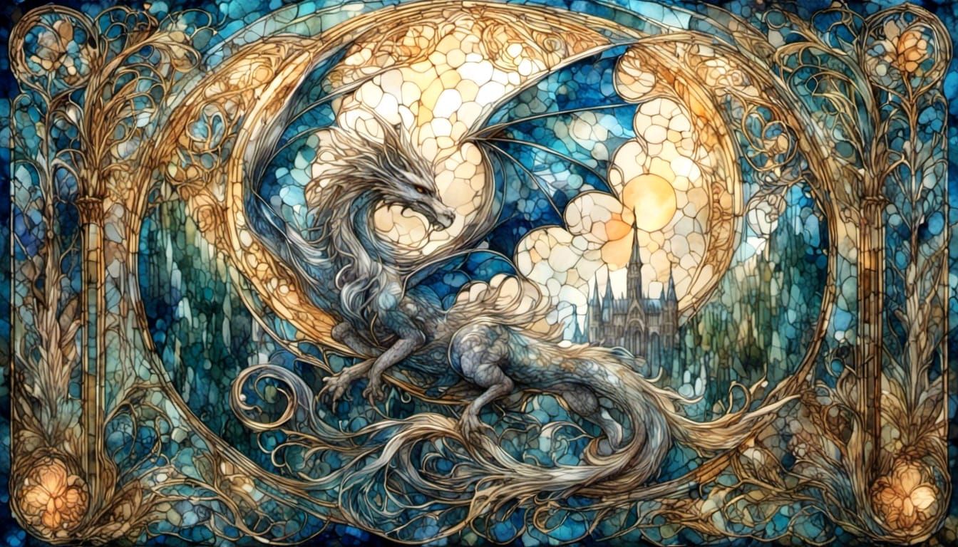 Dragon Flight Over Ancient Forest in Art Nouveau Style
