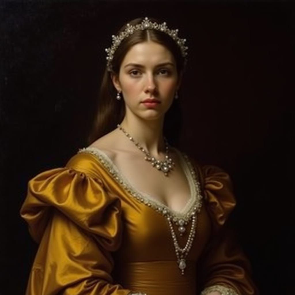 Pearl Empress: Noblewoman Portrait in Golden Silk