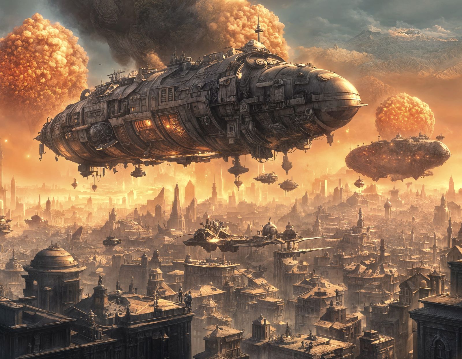 Surreal Steampunk Metropolis Under Aerial Siege in a Futuris...