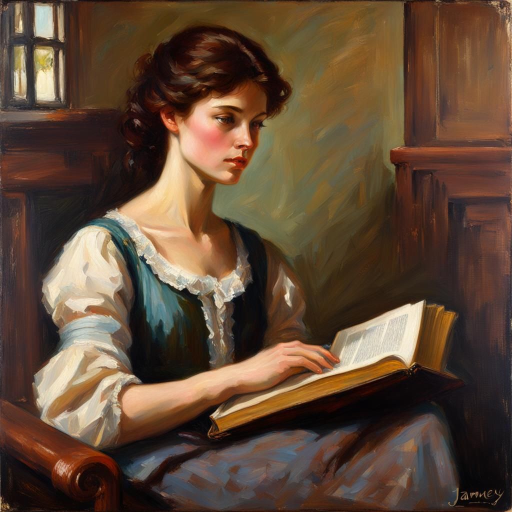 Auburn Haired Woman Holding a Book as Oil Painting