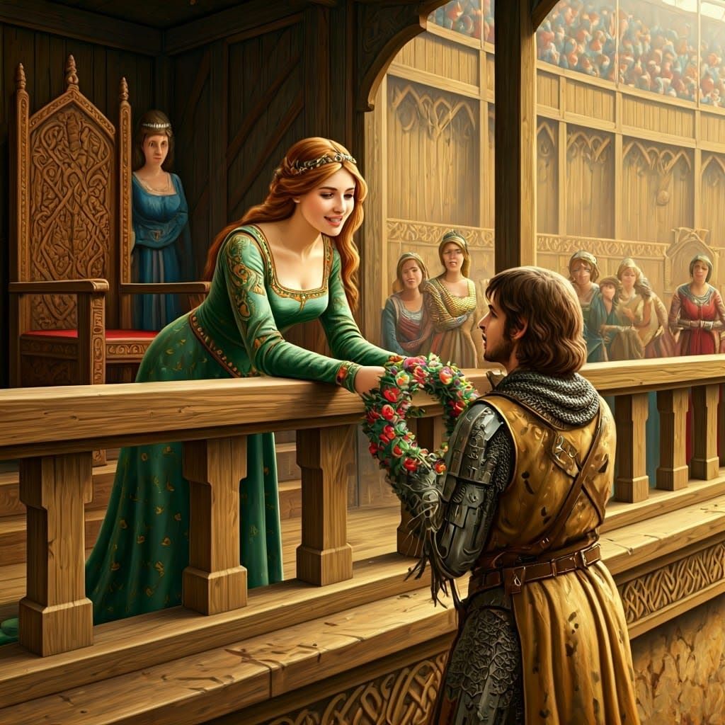 Medieval Princess Places Wreath on Knight's Lance in Joustin...