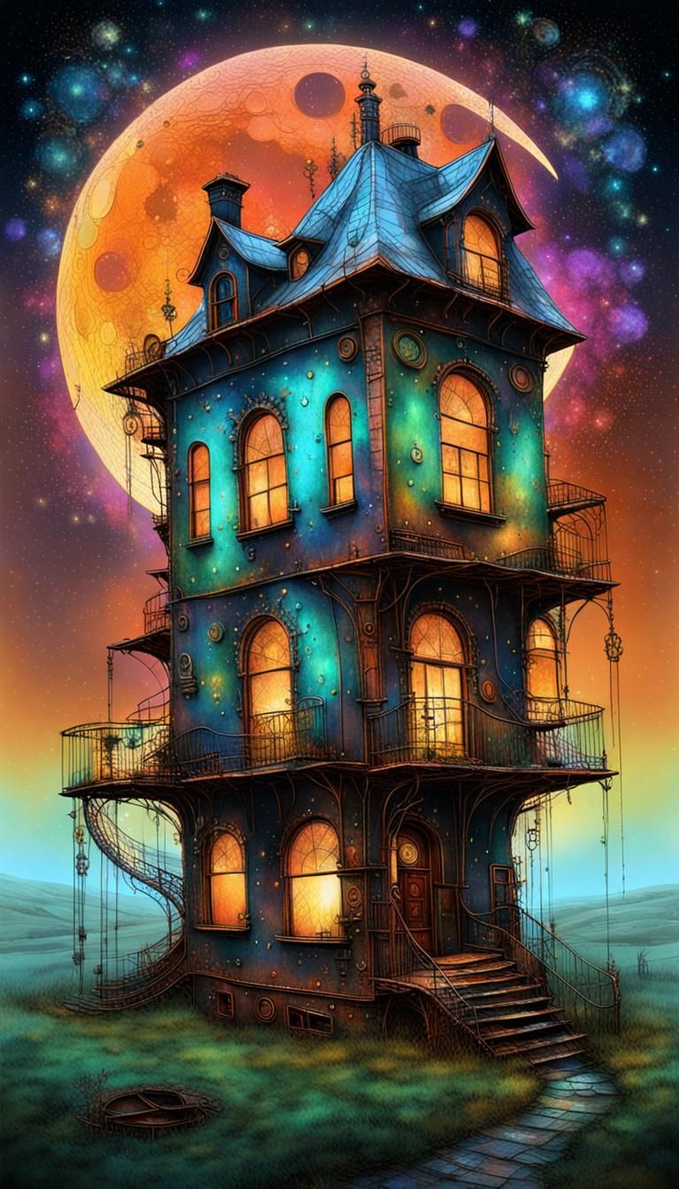 Steampunk Moon House in Double Exposure Style