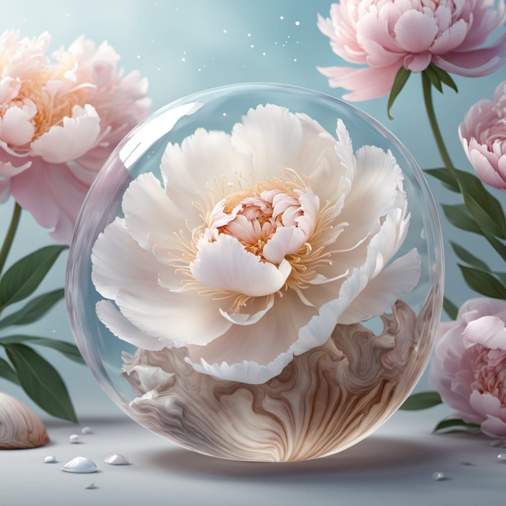 Peonies Bloom Inside Ethereal Seashell: Digital Painting