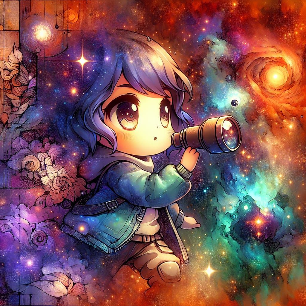 Chibi Girl Observes Galaxy in Mixed Media Style