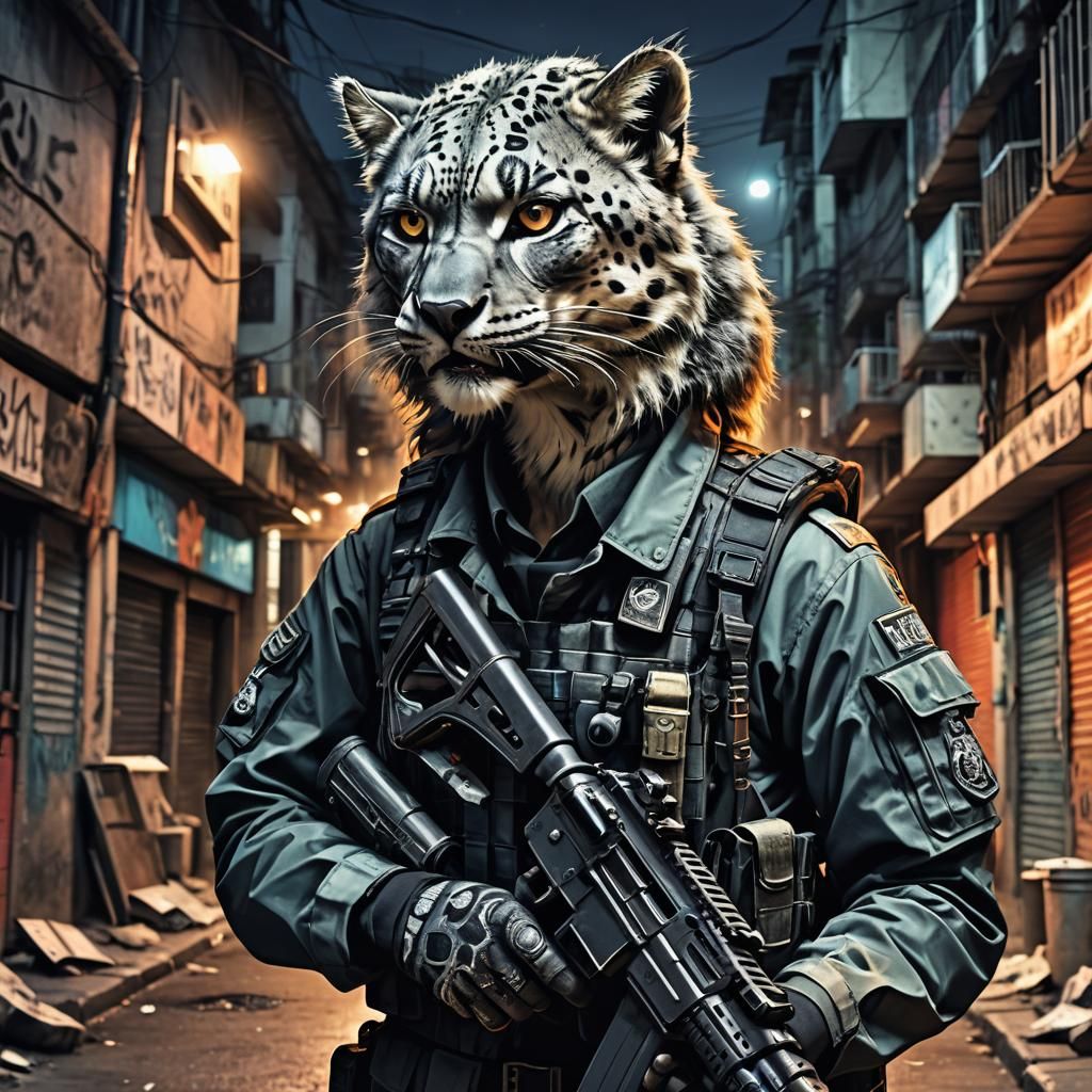 Angry Military Werewolf Snow Leopard in Rio Alley