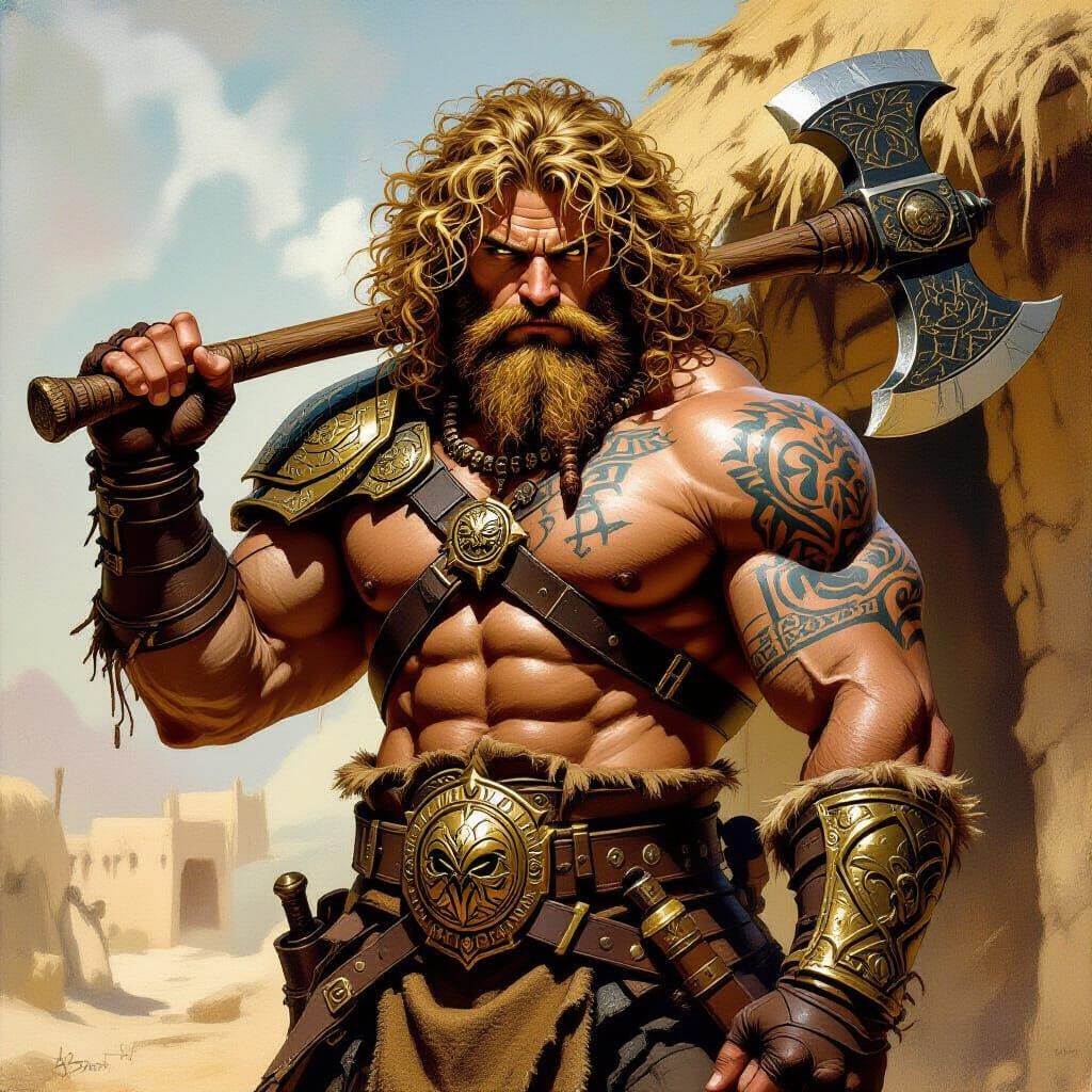 Confident Warrior in Bronze Armor with Double Axe