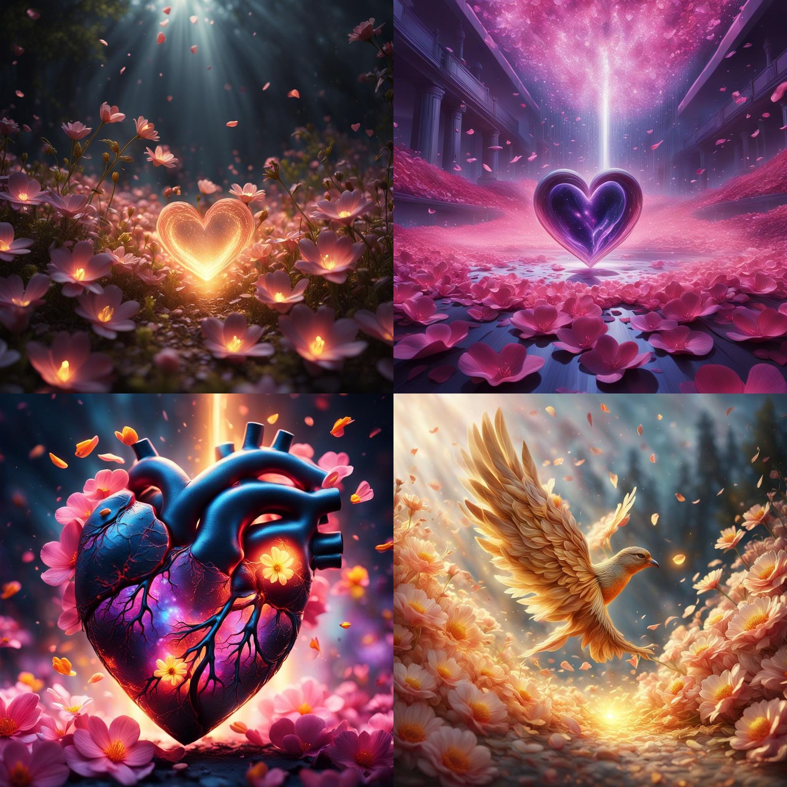 Heart Illuminated with Light Beam and Petals