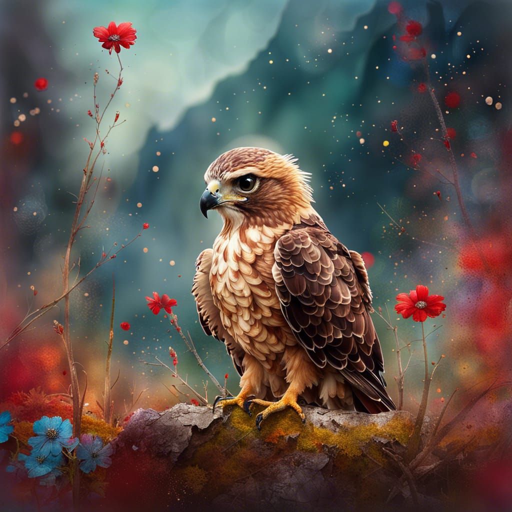 Smiling Baby Hawk in Mountain Setting, Alcohol Ink Art