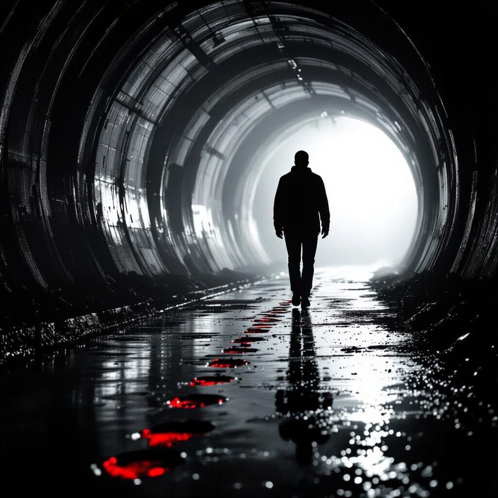 Noir Tunnel Silhouette: Person Walks Towards Light