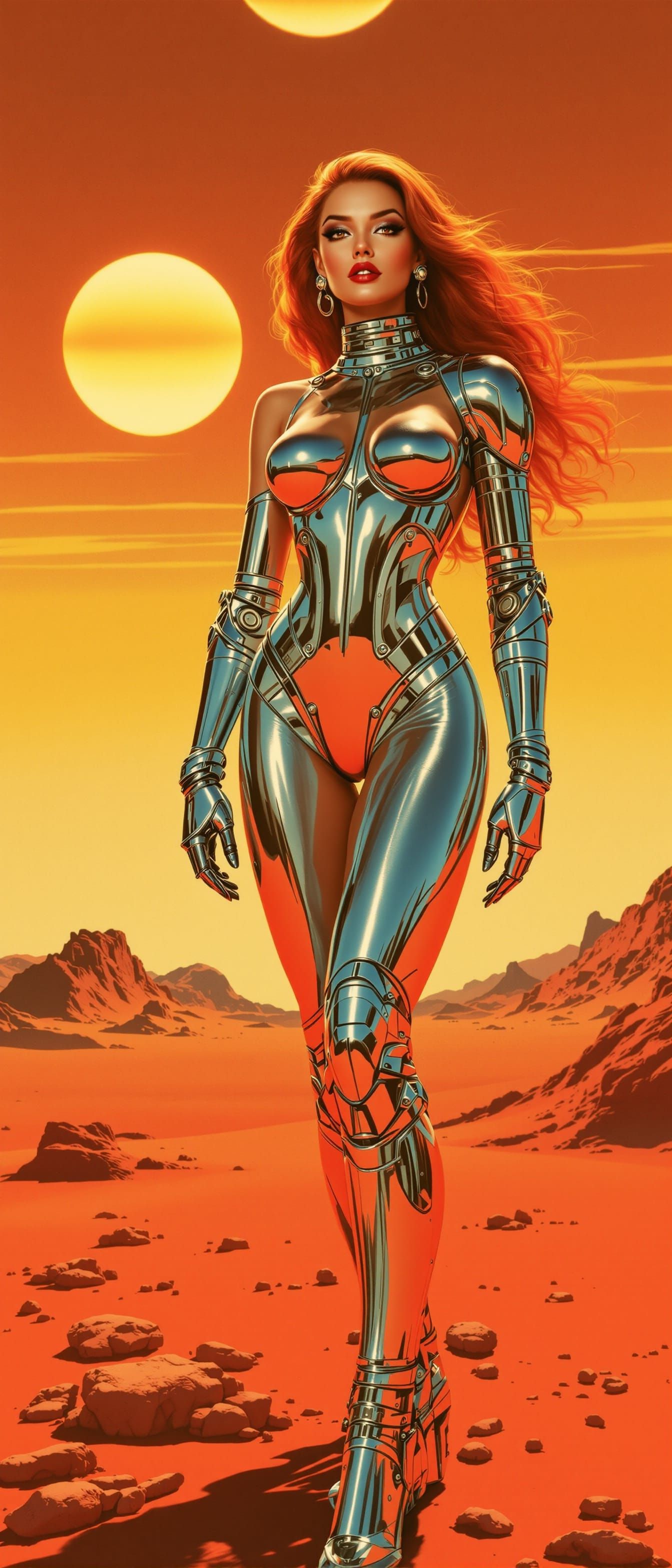 Retro Pin-Up Girl on Alien Planet with Prosthetic Arm